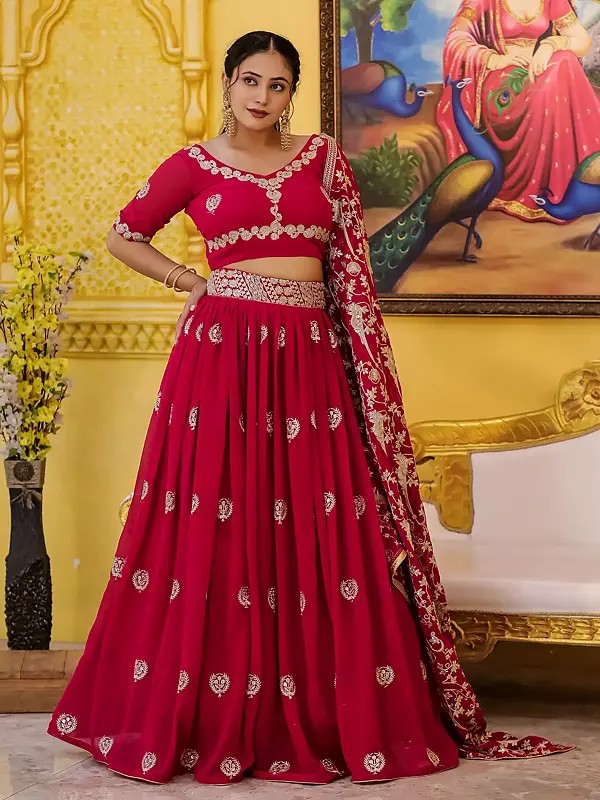 Lipstick-Red Faux Georgette Thread Embroidery And Sequence Work A Line Lehenga With Embroidered Dupatta