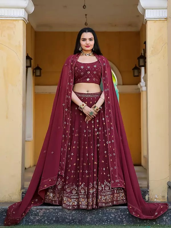 Wine-Berry Faux Georgette Thread, Zari Embroidery And Mirror Style Sequence Work A Line Lehenga Choli