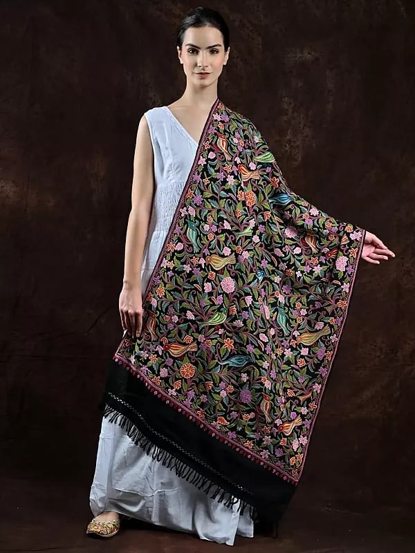 Black-Onyx Pure Wool Stole from Kashmir with Multi-Color Aari Embroidered Birds and Leaf by Hand