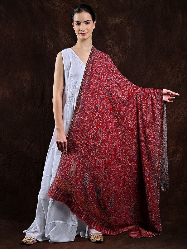 Savvy-Red Kani Jamawar Shawl from Amritsar with Woven Multicolor Flowers and Paisleys on All Over