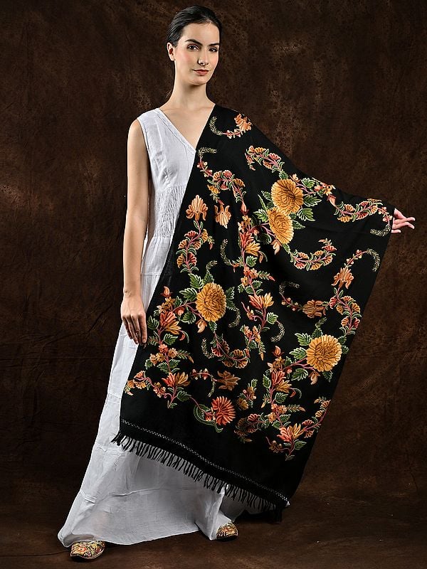 Pirate-Black Pure Wool Stole from Srinagar with Floral Aari Embroidered by Hand