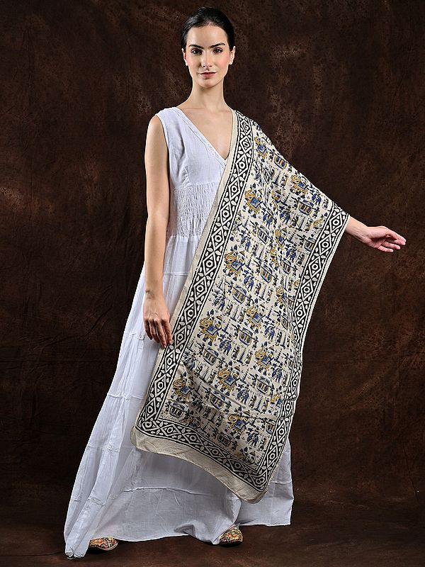 Solitary-Star Cotton Dupatta from Telangana with Printed Wedding Palanquin Pattern