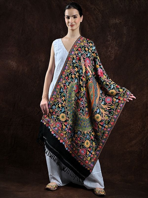 Black-Onyx Pure Wool Stole from Kashmir with Aari Embroidered Peacock and Flowers by Hand in Multicolor