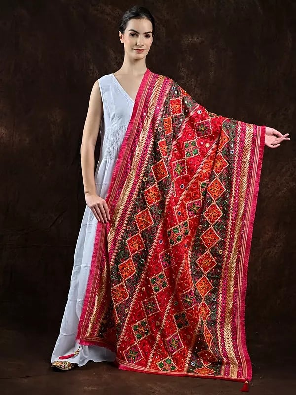 Phulkari Dupatta from Punjab with Multicolor Thread Embroidery and Bead-Mirror Work