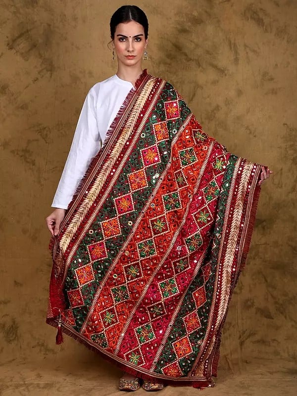 Phulkari Dupatta from Punjab with Multicolor Thread Embroidery and Bead-Mirror Work