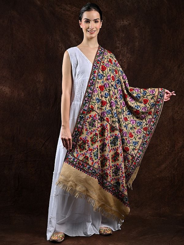 Taos-Taupe Pure Wool Stole from Kashmir with Aari Hand-Embroidered Floral Jaal