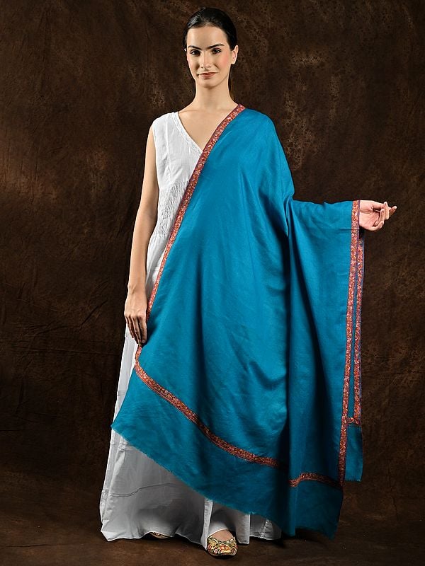 Blue-Jewel Plain Shawl from Kashmir with Sozni Hand-Embroidery on Border