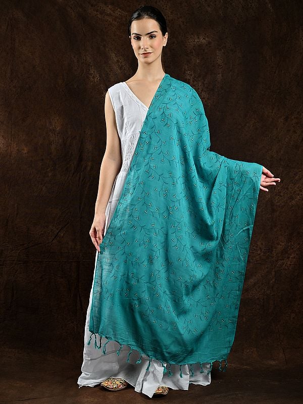 Peacock-Blue Cotton Dupatta with Printed Floral Vines