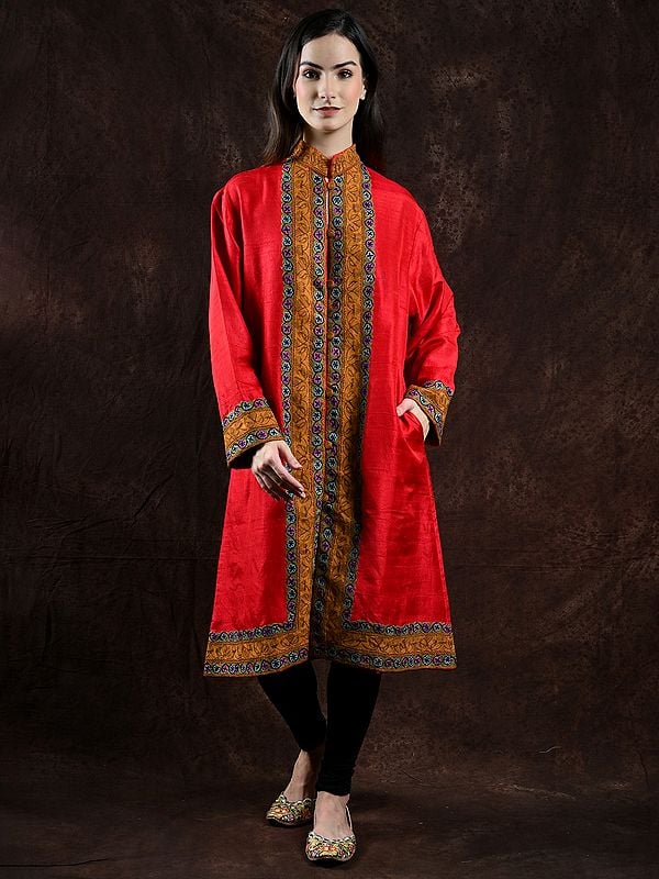 Racing-Red Pure Silk Long Jacket from Kashmir with Aari Hand Embroidered Flowers-Paisleys on Border