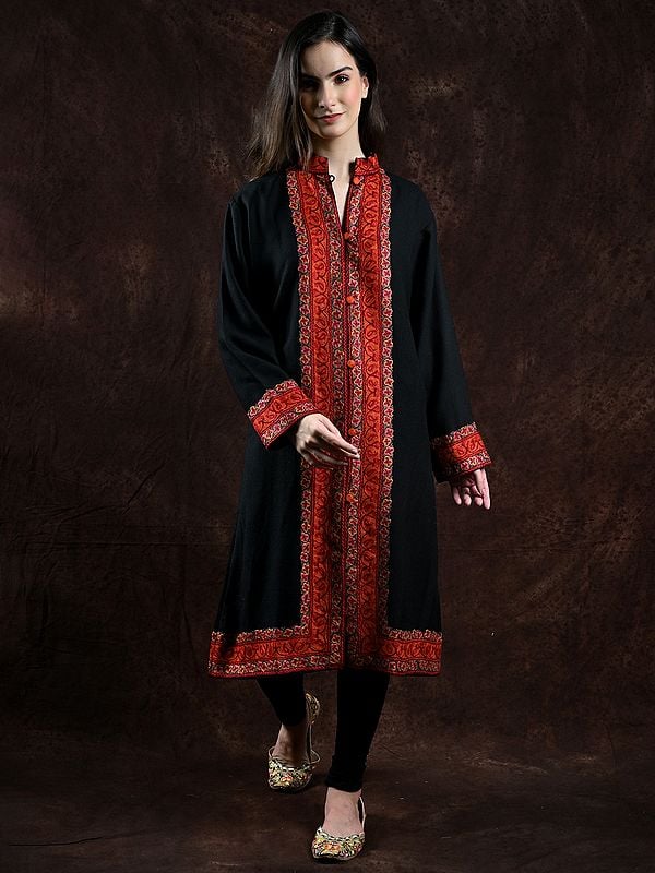 Black-Onyx Pure Wool Long Jacket from Kashmir with Aari Embroidery by Hand