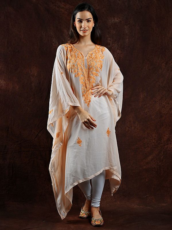 Peach-Dust Georgette Diaphanous Kaftan from Kashmir with Aari Embroidered Flowers