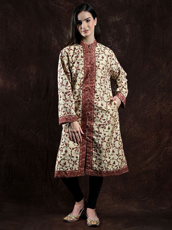 Vanilla-Custard Pure Silk Long Jacket from Kashmir with Paisleys Jaal Aari Embroidery by Hand