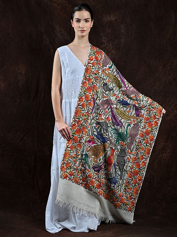 Ivory Pure Wool Stole from Kashmir with Aari Hand-Embroidered Birds and Flowers All-Over