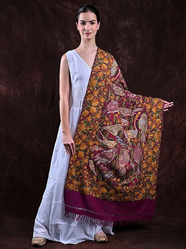 Purple-Wine Pure Wool Kashmiri Stole with Birds Aari Embroidery by Hand in Multicolor