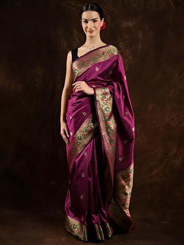 Dark-Purple Paithani Saree with Hand-Woven Floral Bootis and Peacocks on Aanchal