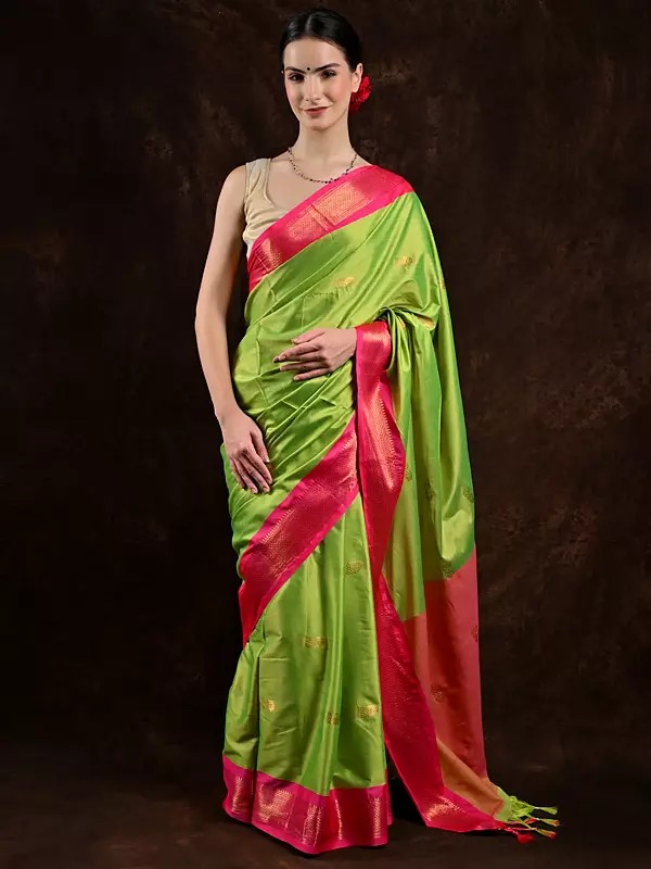 Grenoble-Green Saree with Zari Woven Peacocks and Contrast Border