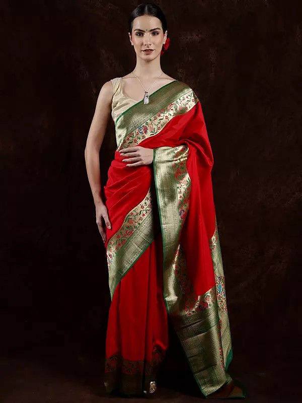 True-Red Paithani Saree with Hand-Woven Peacocks on Border And Aanchal