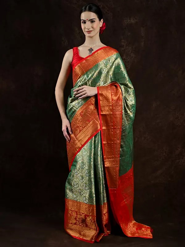 Green-Olive Art Silk Saree with Zari Woven Peacocks-Flowers and Red Contrast Border