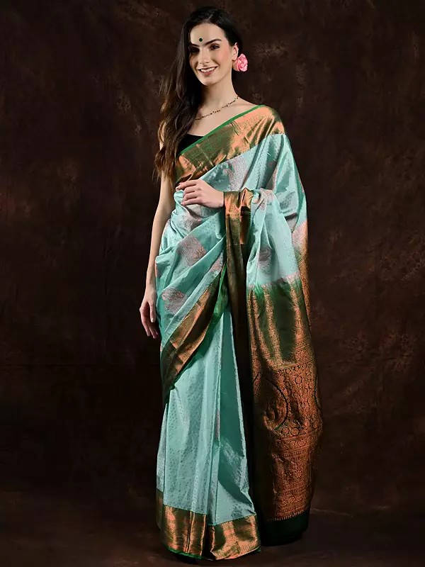 Beach-Glass Pure Silk Kanjivaram Saree from Bangalore with Paisleys-Peacocks Woven in Copper Colored Thread