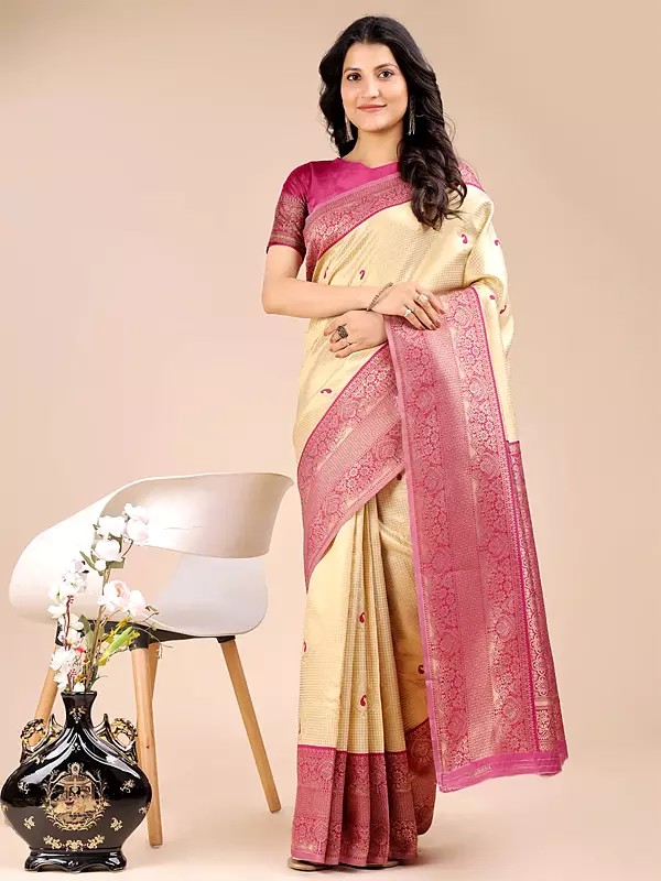 Banarasi Silk Weaving Work And Wide Border Elegant Festive Wear Saree With Blouse