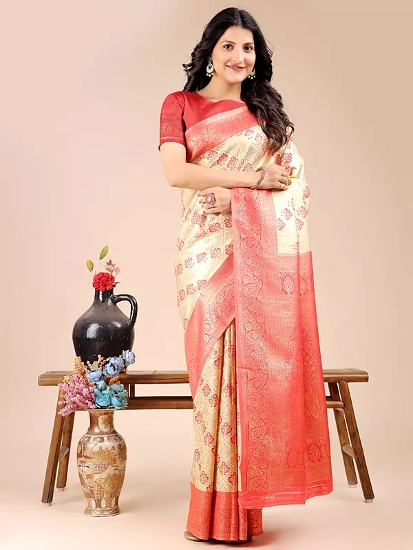 Banarasi Silk Contrast Border And Weaving Work Attractive Festive Wear Saree