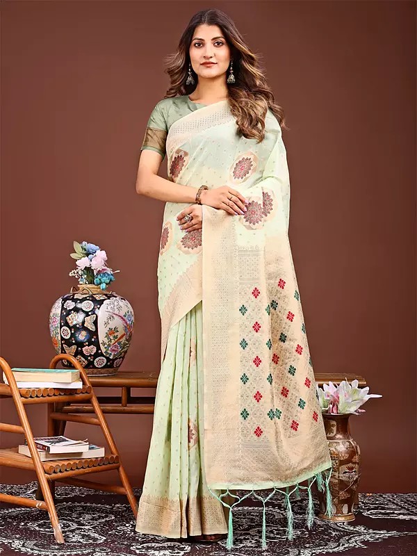 Elegant All Over Weaving Work Linen Cotton Festive Wear Saree With Contrast Tassels Pallu