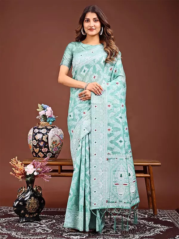 Traditional Bandhani Print Elegant Linen Cotton Festive Wear Saree With Blouse