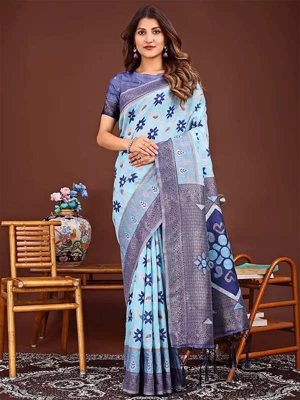 Floral Print And Wide Border Linen Cotton Attractive Festive Wear Saree With Matching Blouse