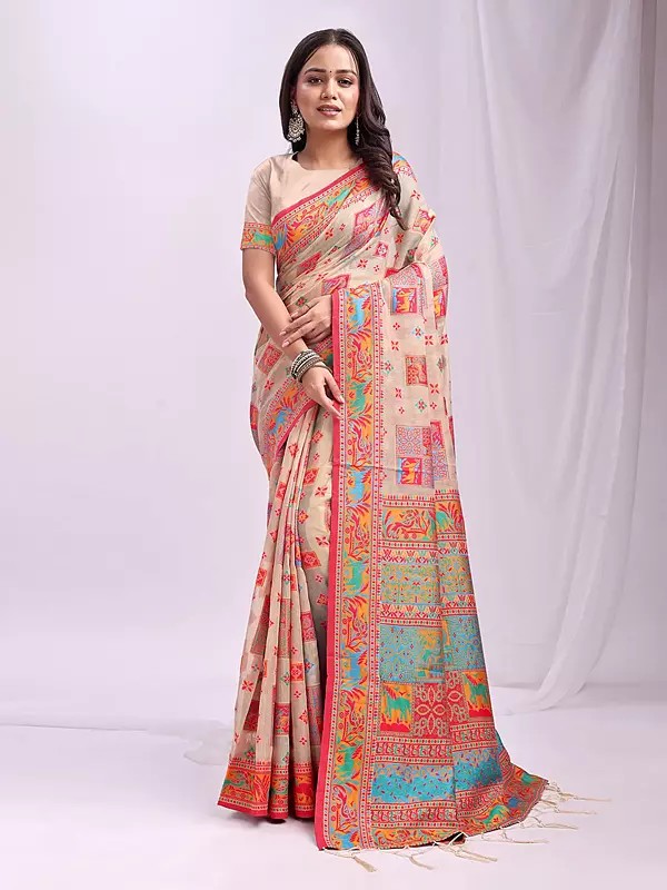 Linen Cotton Bandhani And Tribal Prints Weaving Work Saree With Contrast Pallu