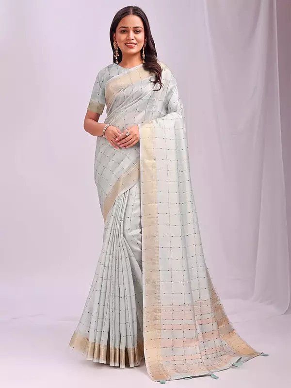 Stunning Check Pattern Weaving Work Organza Saree With Matching Blouse