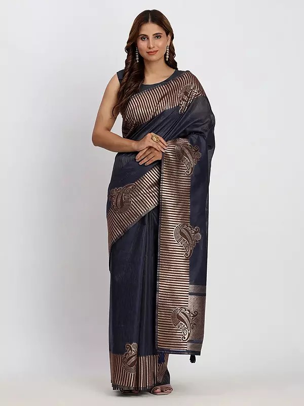 Linen Cotton Paisley Motifs With Striped Border Attractive Saree With Matching Blouse