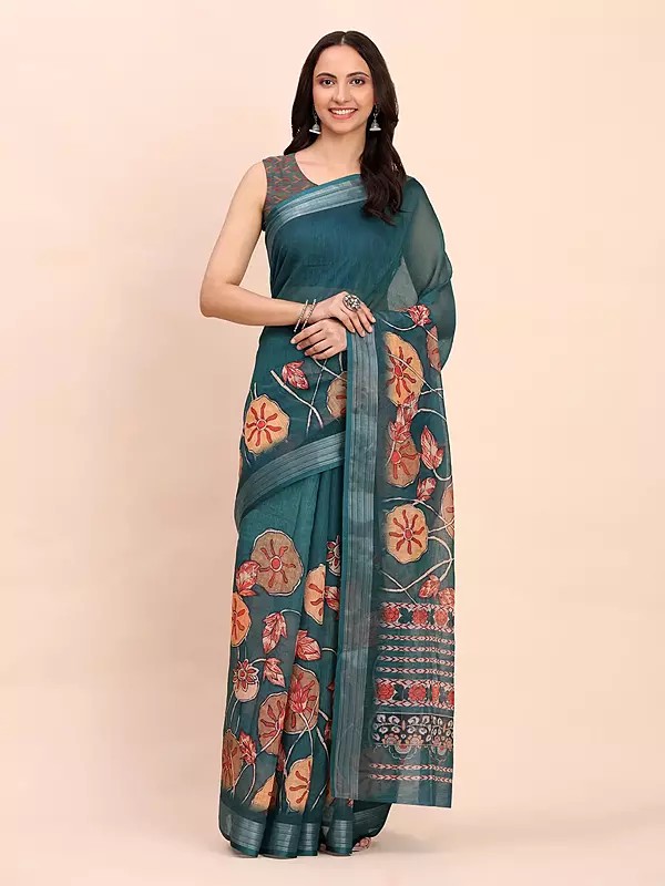 Floral Print Attractive Festive Wear Linen Cotton Saree With Blouse
