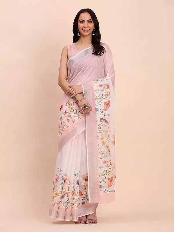 Rose-Gold Floral Print Border Stunning Linen Cotton Festive Wear Saree