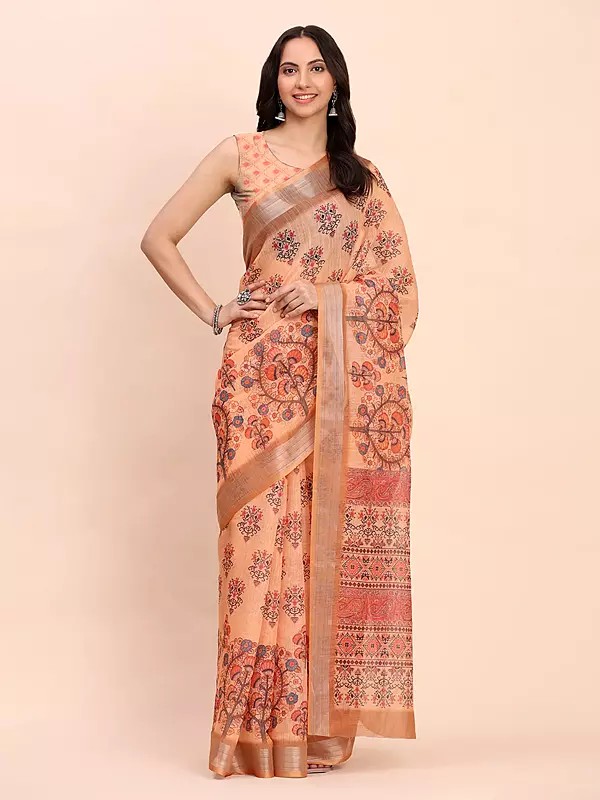 Hit-Pink Linen Cotton All Over Floral Print Attractive Casual Wear Saree With Blouse