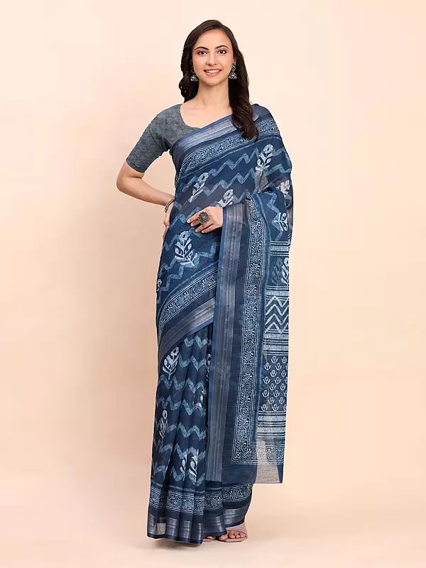Dark-Blue-Grey Linen Cotton Abstract Print Attractive Festive Wear Saree With Blouse