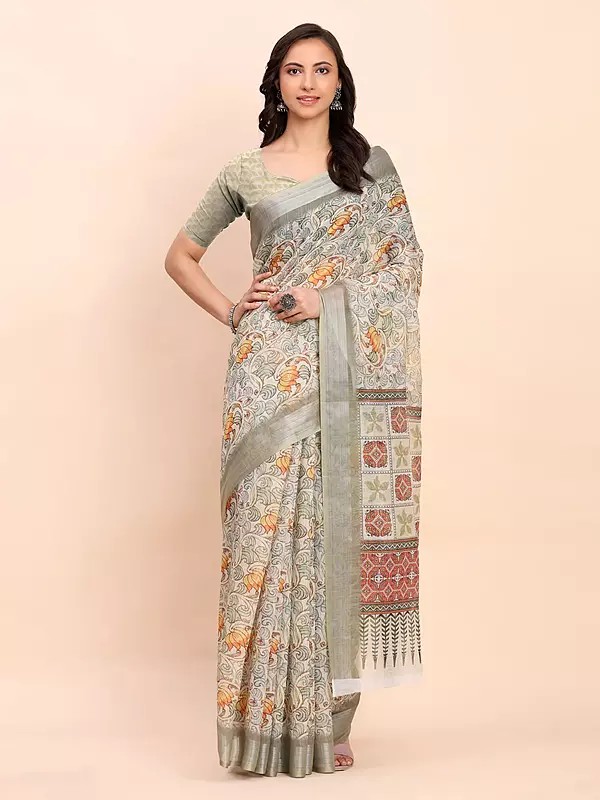 Spring-Rain Ethnic Floral Motifs Printed Attractive Linen Cotton Saree With Blouse