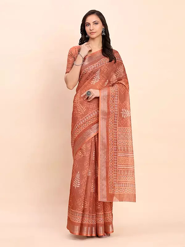 Ethnic Woven Motifs Linen Cotton Elegant Festive Wear Saree With Matching Blouse