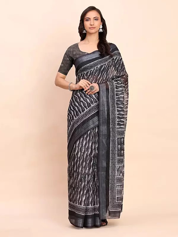 Black-Eel Linen Cotton Abstract Printed Attractive Festive Wear Saree With Blouse