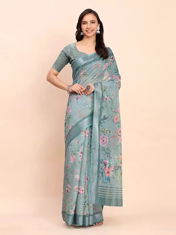 Jungle-Mist Elegant Linen Cotton Floral Motifs Casual Wear Saree With Blouse