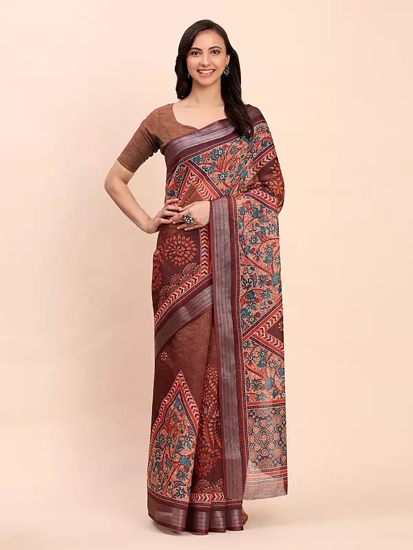 Copper-Rose Elegant Floral Printed Linen Cotton Casual Wear Saree With Blouse