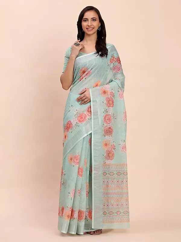 Frosted-Mint Floral Motifs Print Wide Border Linen Cotton Festive Wear Saree