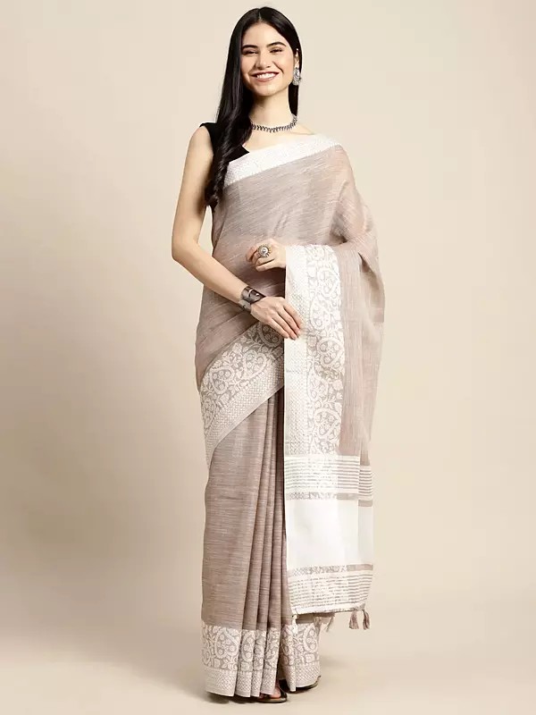 Linen Stunning Woven Work Wide Border Festive Wear Solid Saree With Striped Tassels Pallu