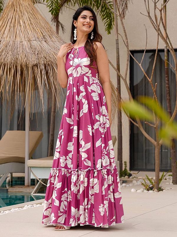 Bashful-Pink Heavy Rayon Elegant Floral Print Sleeveless Gown For Casual Occasion