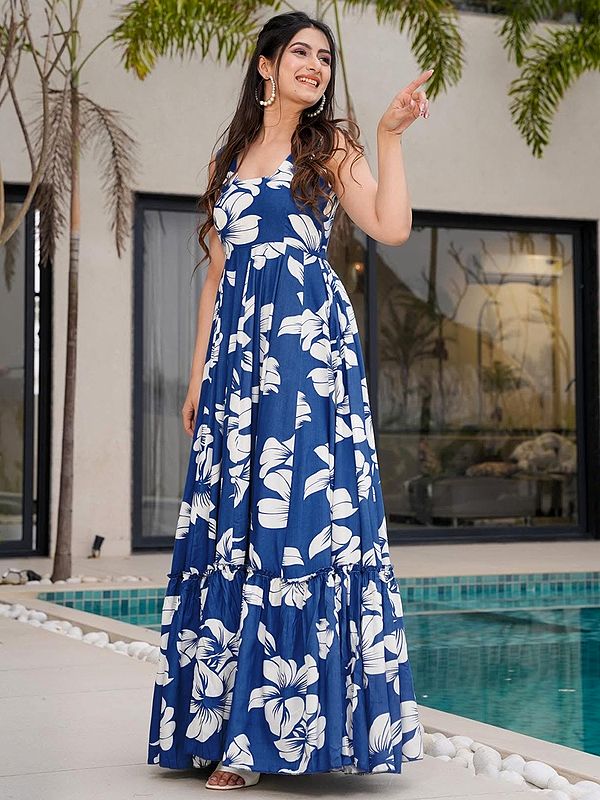 Dusk-Blue Heavy Rayon Attractive Floral Motifs Print Casual Wear Gown