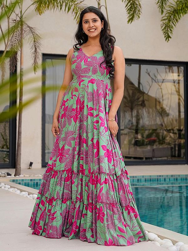 Turquoise-Green Floral Print Heavy Rayon Elegant Flared Gown For Festive Occasion
