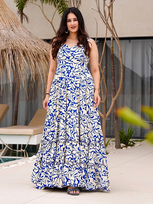 Blueberry-Blue Heavy Rayon Abstract Printed Elegant Flared Festive Wear Gown