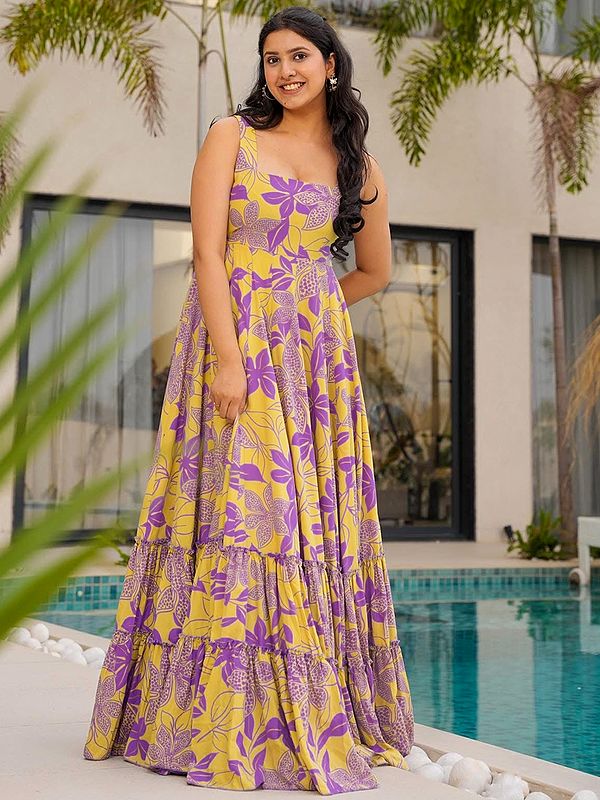 Sandy-Yellow Elegant Heavy Rayon Sleeveless Floral Print Flared Casual Wear Gown