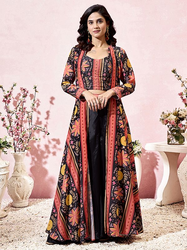Coral-Pink Heavy Crepe Floral Printed Three Piece Koti Style Indo-Western Suit With Long Shrug