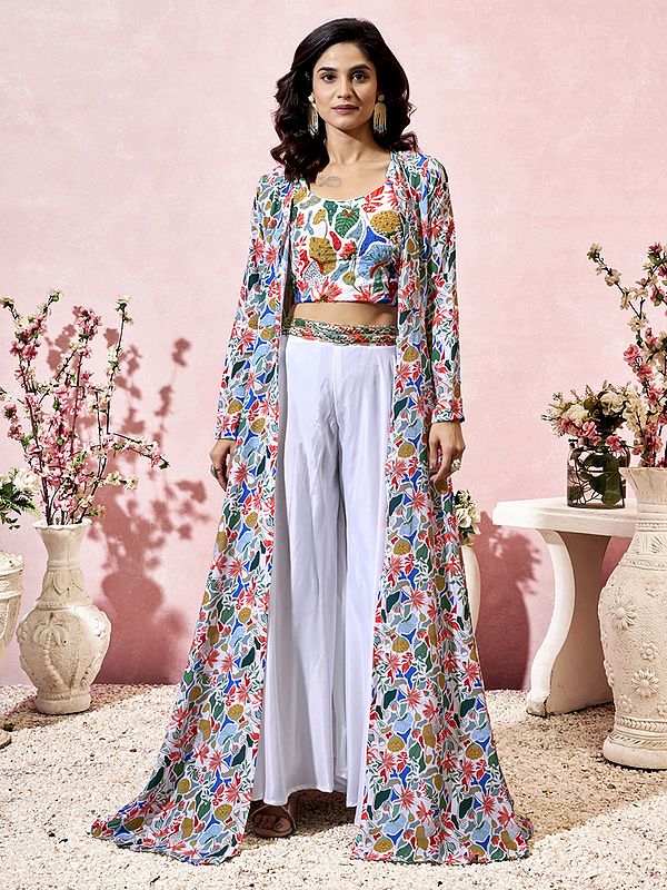 Multicolor Heavy Crepe Printed Attractive Party Wear Indo-western suit with long shrug
