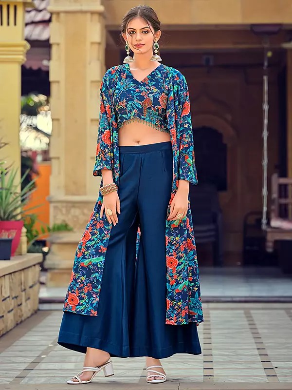 Floral Printed Crop-Top Stylish Party Wear Silk Indo-Western Suit With Shrug